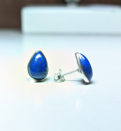 Lapis Lazuli Stud Earrings, 925 Sterling Silver Studs, Natural Blue Lapis, Pear Shape Studs, Cabochon Gemstone, Small Studs for Girls/Women