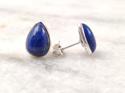 Lapis Lazuli Stud Earrings, 925 Sterling Silver Studs, Natural Blue Lapis, Pear Shape Studs, Cabochon Gemstone, Small Studs for Girls/Women