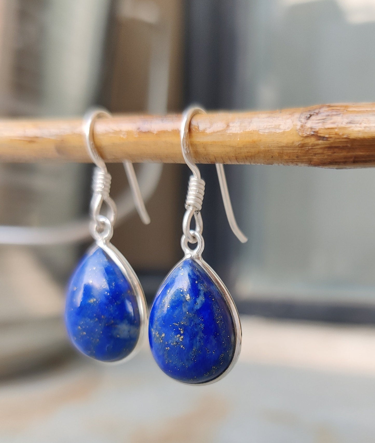 Lapis Lazuli Earrings, 925 Sterling Silver, Natural Blue Gemstone, Silver Handmade Jewelry, Cabochon Stone, Dangle Drop Hook, Gift for Her