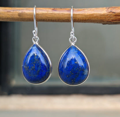 Lapis Lazuli Earrings, 925 Sterling Silver, Natural Blue Gemstone, Silver Handmade Jewelry, Cabochon Stone, Dangle Drop Hook, Gift for Her