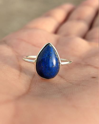 Lapis Lazuli Ring, 925 Sterling Silver, Natural Pear Cabochon Gemstone, Blue Lapis Handmade Jewelry, Gemstone Silver Ring, Gift for Her