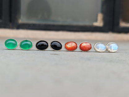 Gemstone Stud Earrings, 925 Sterling Silver Studs, Natural Small Stones, Onyx, Sunstone, Rainbow Moonstone, Jewelry for Her, Birthstone