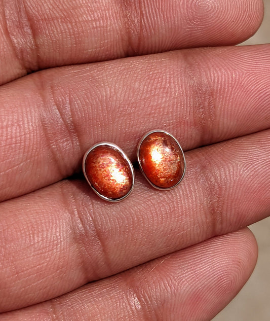 Natural Sunstone Stud Earrings, Gemstone Jewelry, 925 Sterling Silver Silver Studs, Sunstone Jewelry, Orange Cabochon Stone, Studs for Her