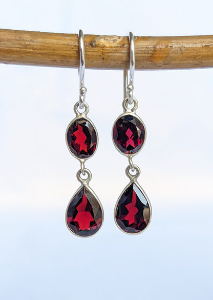 Red Garnet Dangle Earrings, 925 Sterling Silver, Two Stone Earrings, Handmade Jewelry for Her, Wedding, Engagement, Birthstone, For Women