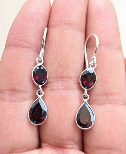 Red Garnet Dangle Earrings, 925 Sterling Silver, Two Stone Earrings, Handmade Jewelry for Her, Wedding, Engagement, Birthstone, For Women