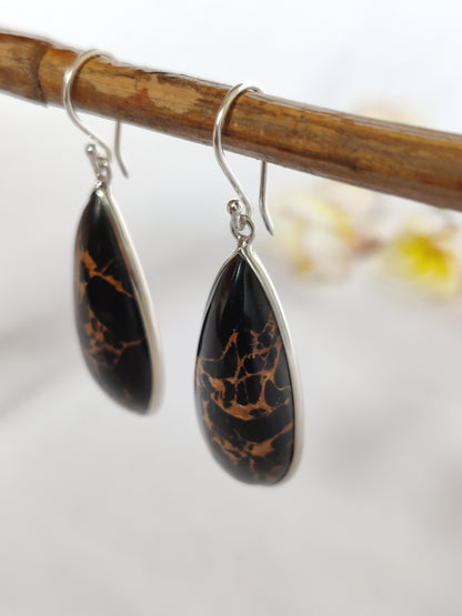 Black Copper Turquoise Earrings, 925 Sterling Silver Earrings, Teardrop Dangle Earrings, Copper Turquoise Jewelry, Composite Turquoise