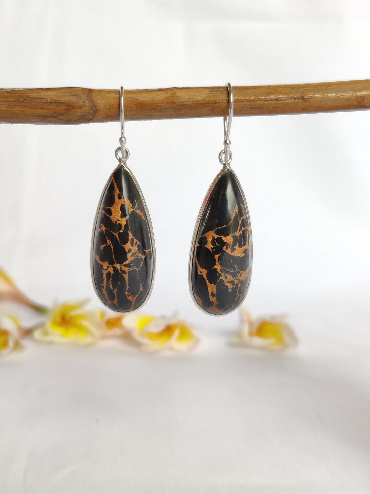 Black Copper Turquoise Earrings, 925 Sterling Silver Earrings, Teardrop Dangle Earrings, Copper Turquoise Jewelry, Composite Turquoise