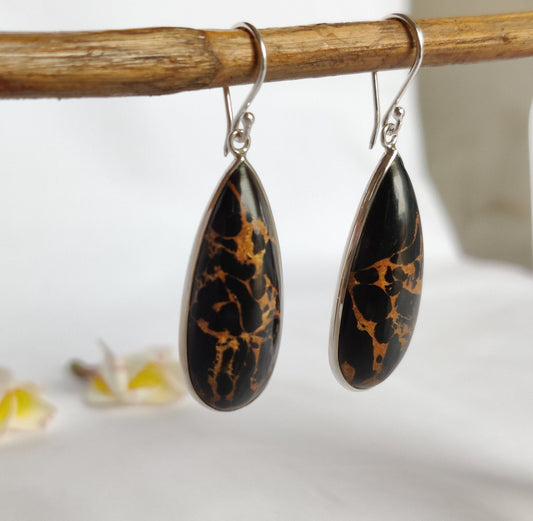 Black Copper Turquoise Earrings, 925 Sterling Silver Earrings, Teardrop Dangle Earrings, Copper Turquoise Jewelry, Composite Turquoise