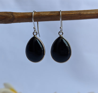 Natural Black Onyx Earrings, 925 Sterling Silver Dangle Earrings, Cabochon Onyx, Handmade Jewelry, Gift Idea, Black Stone Earrings for Her