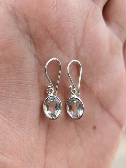 White Topaz Earrings, 925 Sterling Silver, Natural Crystal Quartz, Handmade Silver Earrings, Gift for Her, Womens Earrings, White Oval Stone