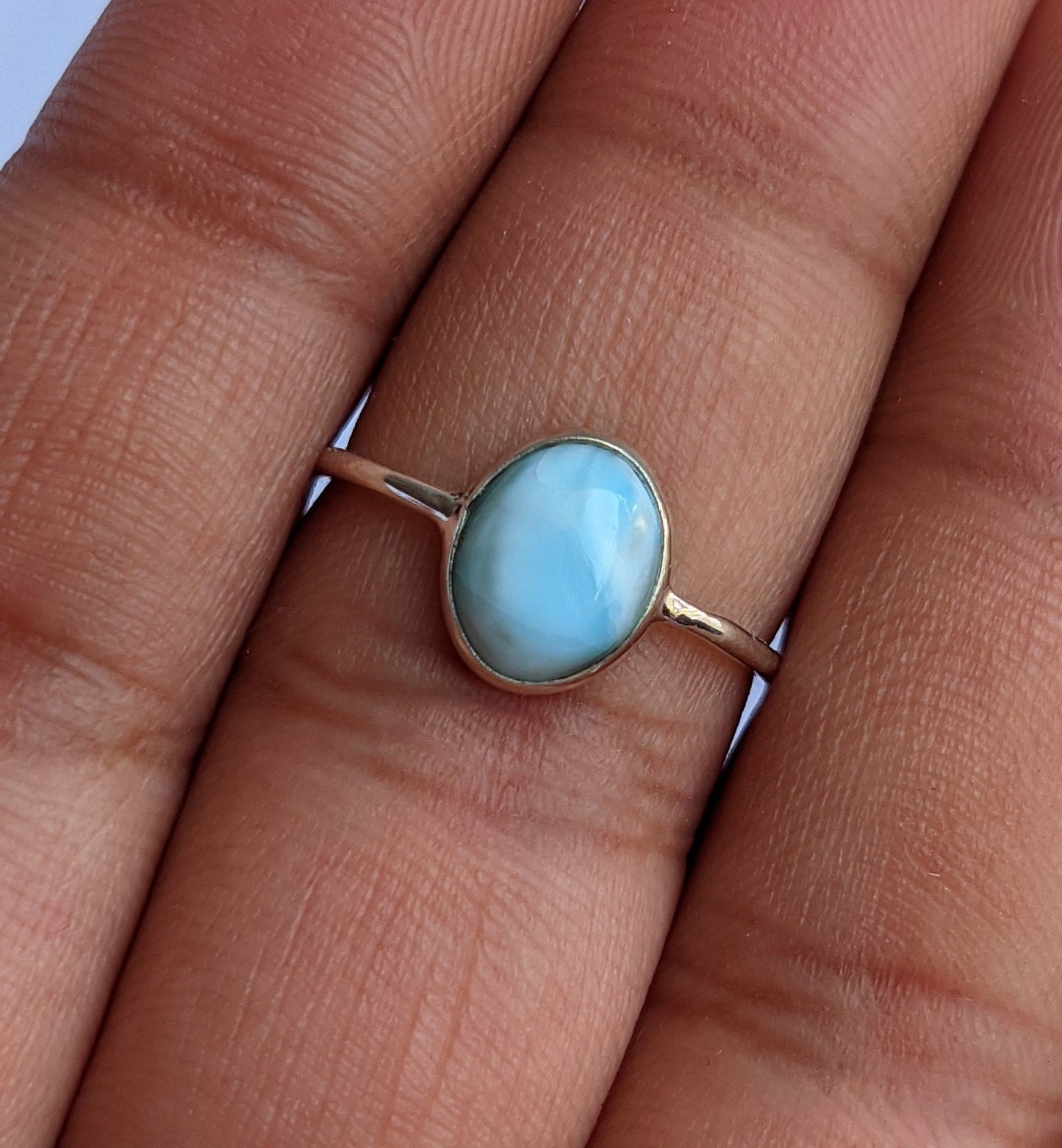 Larimar Ring, 925 Sterling Silver Ring, Cabochon Gemstone, Blue Stone, Handmade, Jewelry, Gift for Her, Everyday, Stackable Ring, for Women