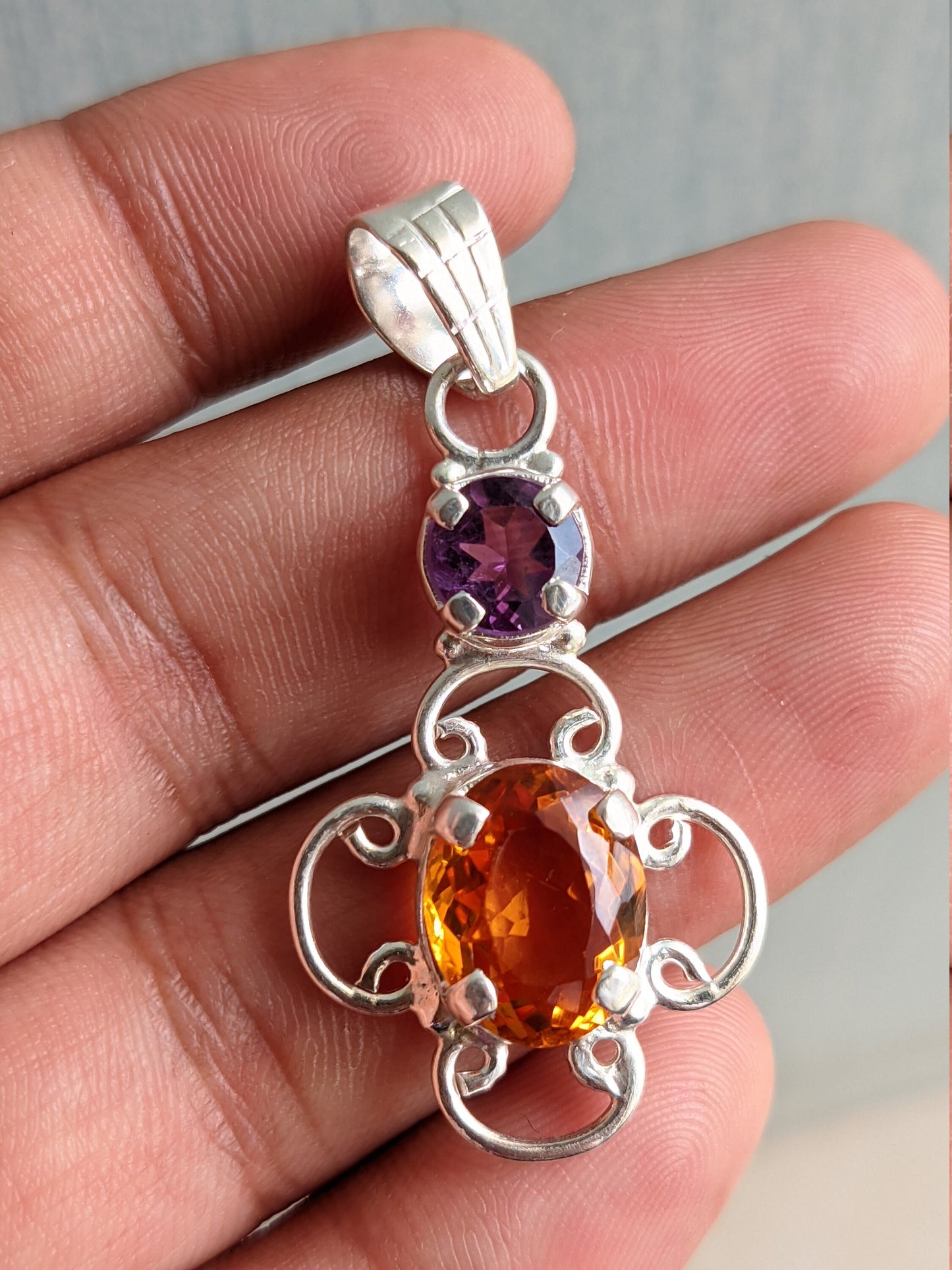 Natural Amethyst Citrine Pendant, 925 Sterling Silver Jewelry, Dual Stone Pendant, Unique Design, Teardrop, Handmade Gift for Her, Gemstone,