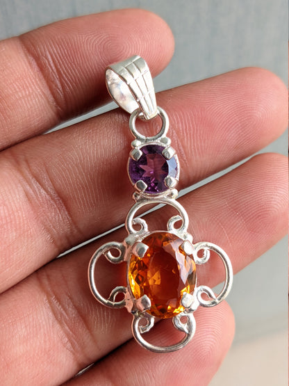 Natural Amethyst Citrine Pendant, 925 Sterling Silver Jewelry, Dual Stone Pendant, Unique Design, Teardrop, Handmade Gift for Her, Gemstone,