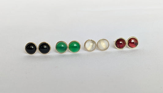 Natural Gemstone Stud Earrings, Black Onyx, Green Onyx, White Moonstone, Red Garnet, Tiny Studs, Small Stone Earrings, for Girls, Women