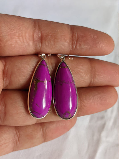 Purple Turquoise Earrings, 925 Sterling Silver Earrings, Drop Dangle, Everyday Jewelry, Teardrop, Women's Earrings, Cabochon Stone, For Her