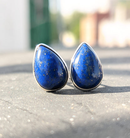 Lapis Lazuli Stud Earrings, 925 Sterling Silver Studs, Natural Blue Lapis, Pear Shape Studs, Cabochon Gemstone, Small Studs for Girls/Women