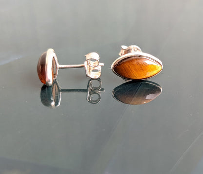 Natural Tiger Eye Stud Earrings, Marquise Shape Studs, 925 Sterling Silver Studs, Minimalist Studs, Earrings for Girls/Women, Silver Earring