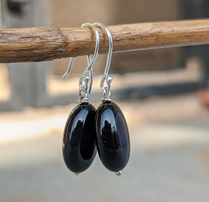 Black Onyx Wire Wrap Earrings, 925 Sterling Silver, Black Stone Dangle Earrings, Wire Wrapped Earrings, Teardrop Earrings, Natural Gemstone