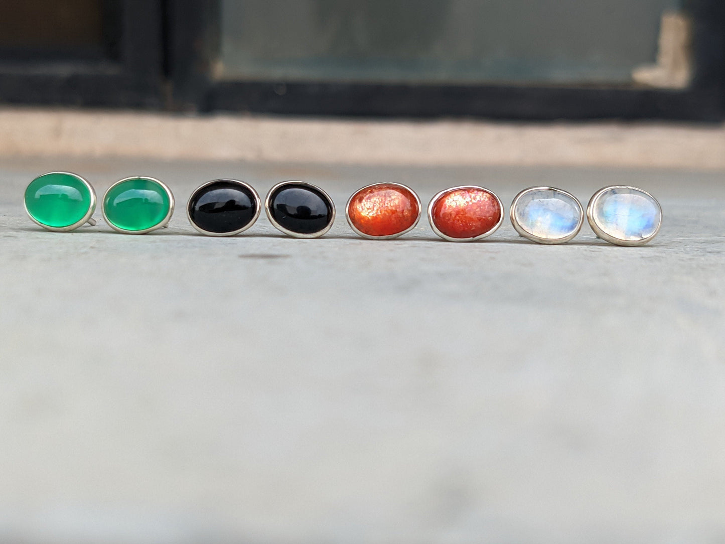 Gemstone Stud Earrings, 925 Sterling Silver Studs, Natural Small Stones, Onyx, Sunstone, Rainbow Moonstone, Jewelry for Her, Birthstone