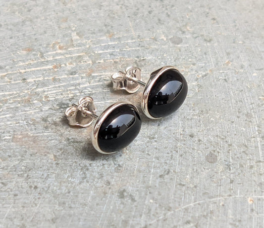 Black Onyx Stud Earrings, 925 Sterling Silver Studs, Black Post Earrings, Everyday Jewelry, Cabochon Gemstone, Natural Stone, Gift for Her