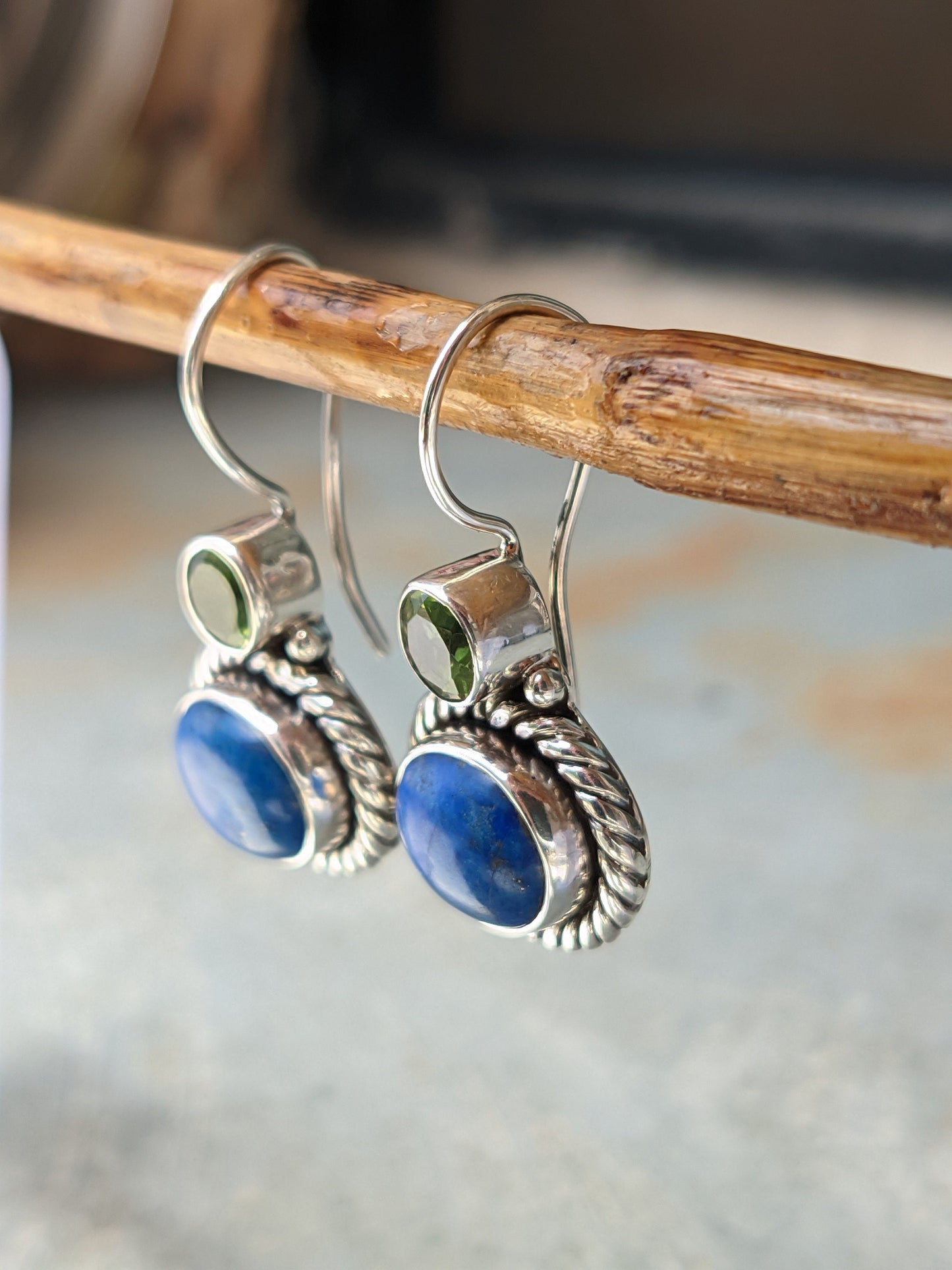 Lapis Lazuli Peridot Earrings, 925 Sterling Silver Lapis Earrings, Handmade Jewelry, Two Stone, Natural Gemstone, Gift for Women, Dangles