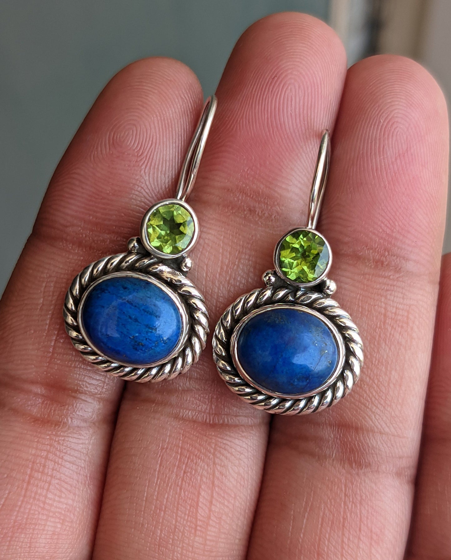 Lapis Lazuli Peridot Earrings, 925 Sterling Silver Lapis Earrings, Handmade Jewelry, Two Stone, Natural Gemstone, Gift for Women, Dangles