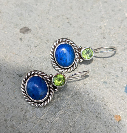 Lapis Lazuli Peridot Earrings, 925 Sterling Silver Lapis Earrings, Handmade Jewelry, Two Stone, Natural Gemstone, Gift for Women, Dangles