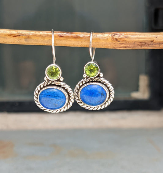 Lapis Lazuli Peridot Earrings, 925 Sterling Silver Lapis Earrings, Handmade Jewelry, Two Stone, Natural Gemstone, Gift for Women, Dangles