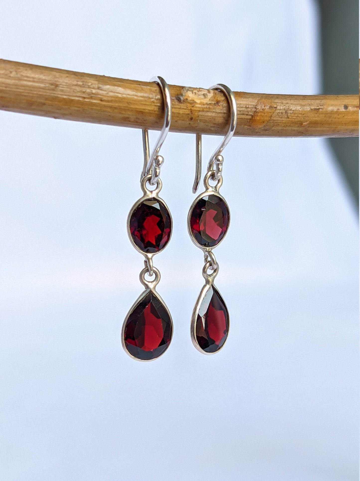 Red Garnet Dangle Earrings, 925 Sterling Silver, Two Stone Earrings, Handmade Jewelry for Her, Wedding, Engagement, Birthstone, For Women