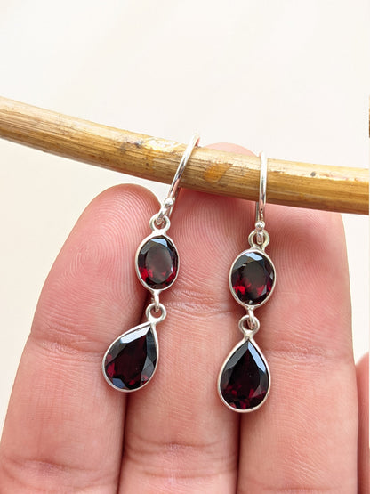 Red Garnet Dangle Earrings, 925 Sterling Silver, Two Stone Earrings, Handmade Jewelry for Her, Wedding, Engagement, Birthstone, For Women