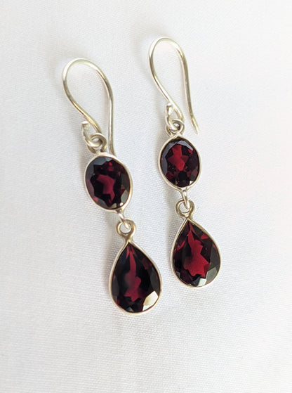 Red Garnet Dangle Earrings, 925 Sterling Silver, Two Stone Earrings, Handmade Jewelry for Her, Wedding, Engagement, Birthstone, For Women