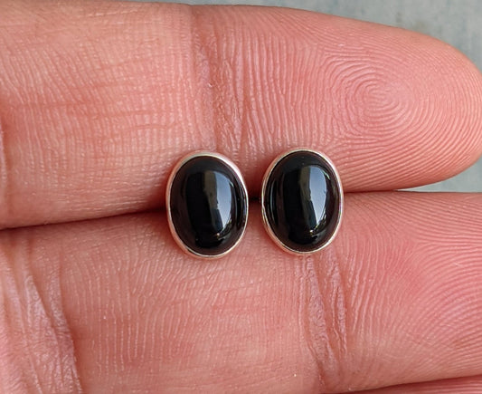 Black Onyx Stud Earrings, 925 Sterling Silver Studs, Onyx Post Earrings, Dainty Black Studs, Black Cabochon Gemstone, Tiny Studs for Girls