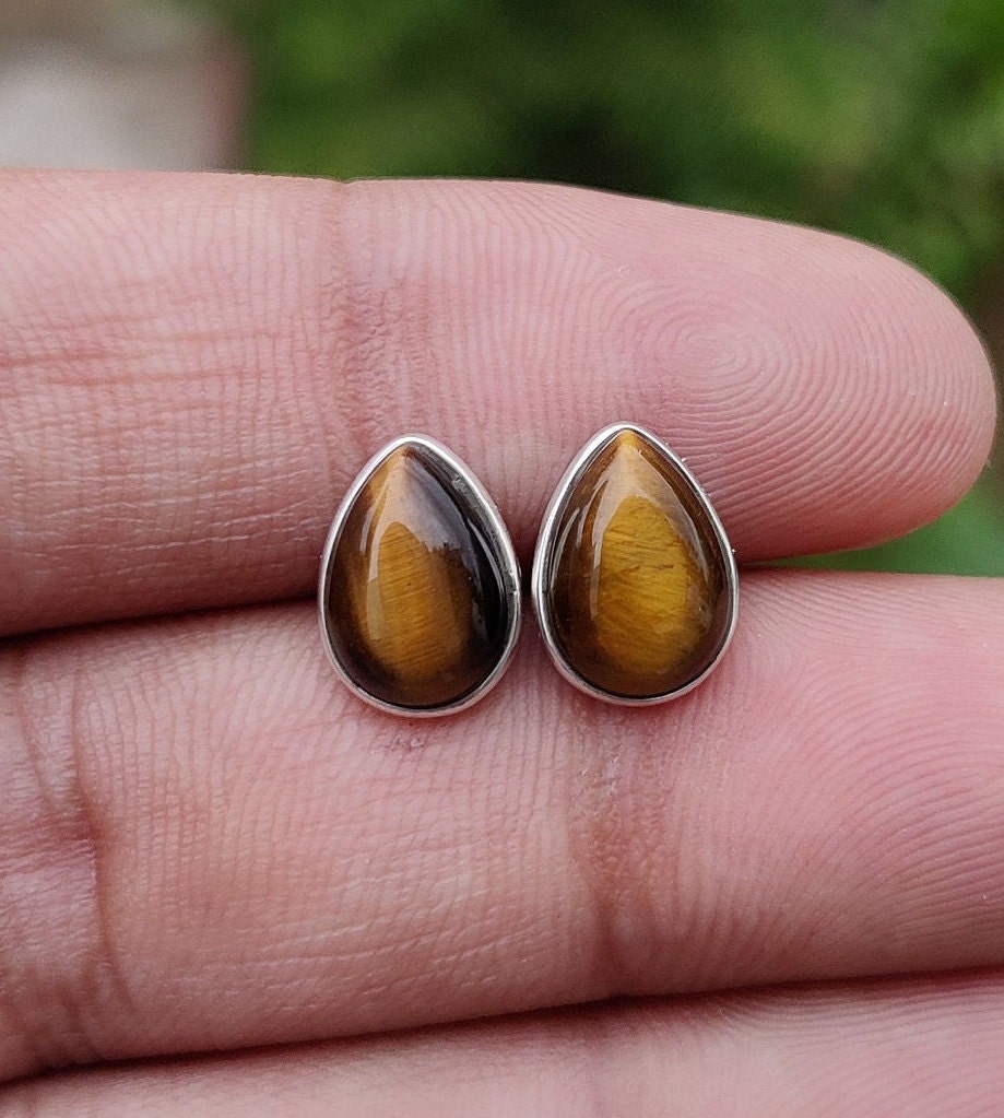 Natural Tigers Eye Stud Earrings, 925 Sterling Silver Studs, Tiny Studs for Girls & Women, Brown Stone Earrings, Small Post Earrings for Her