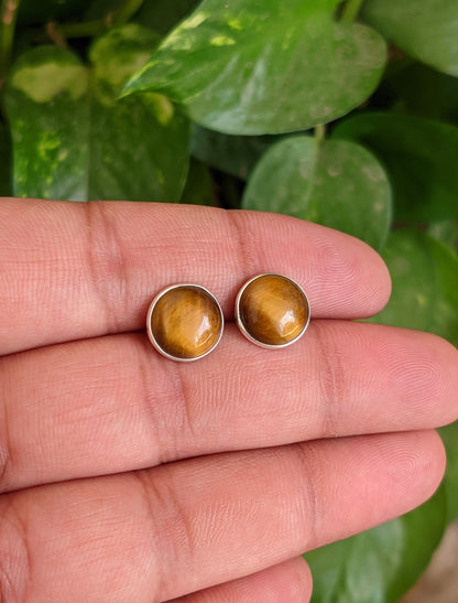 Natural Tiger Eye Stud Earrings, Round Shape Studs, 925 Sterling Silver Studs, Minimalist Studs, Genuine Gemstone Studs, Brown Stone Studs