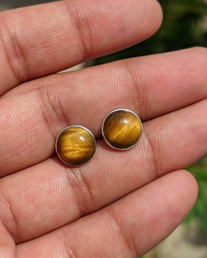 Natural Tiger Eye Stud Earrings, Round Shape Studs, 925 Sterling Silver Studs, Minimalist Studs, Genuine Gemstone Studs, Brown Stone Studs