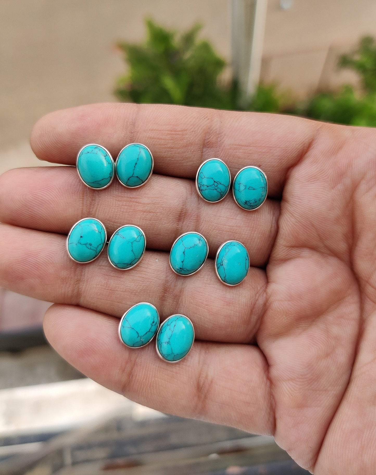 Natural Turquoise Stud Earrings, 925 Sterling Silver Studs, Turquoise Post Earrings, Tibetan Turquoise Jewelry, Gemstone Studs for Her