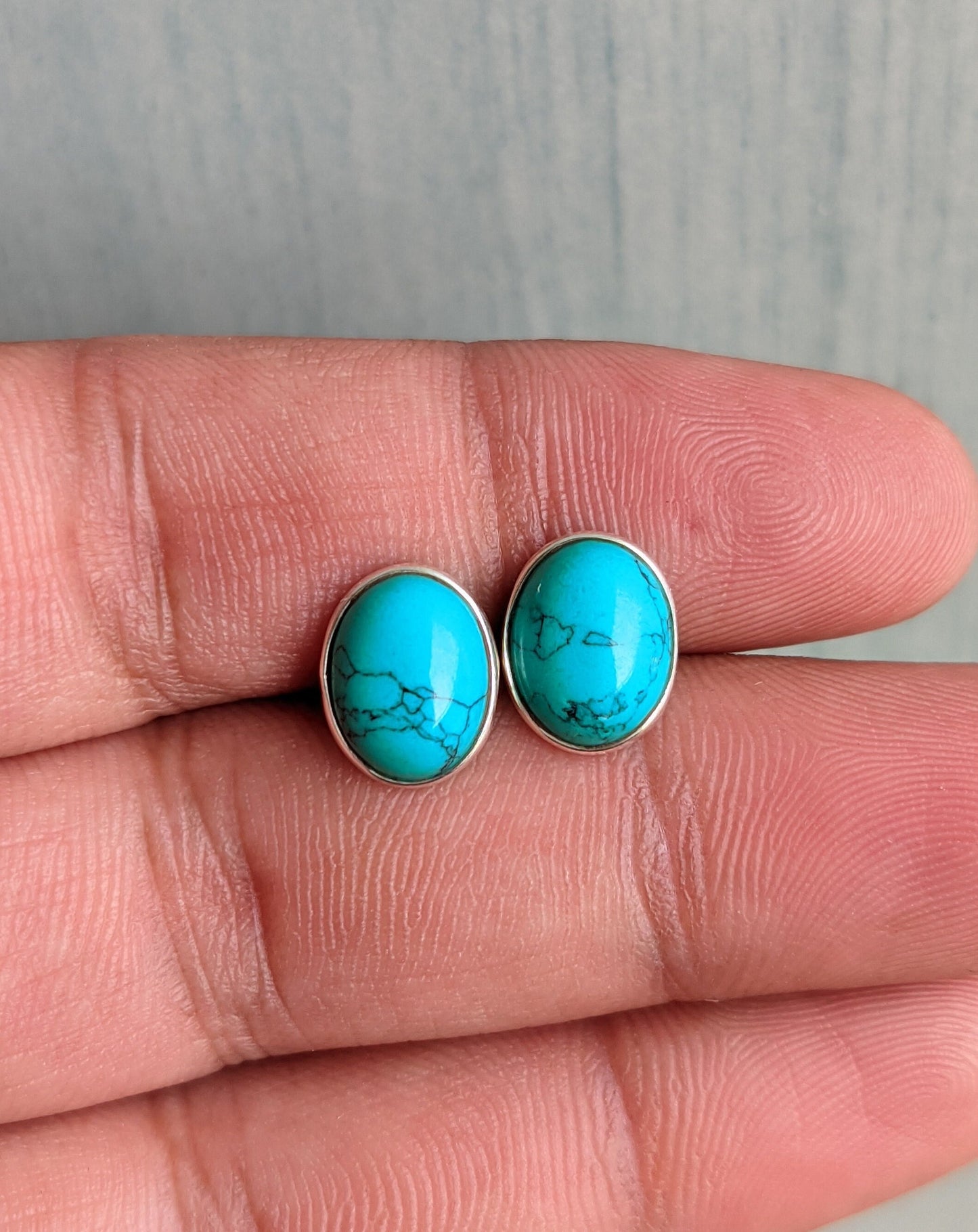 Natural Turquoise Stud Earrings, 925 Sterling Silver Studs, Turquoise Post Earrings, Tibetan Turquoise Jewelry, Gemstone Studs for Her