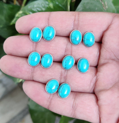 Natural Turquoise Stud Earrings, 925 Sterling Silver Studs, Turquoise Post Earrings, Tibetan Turquoise Jewelry, Gemstone Studs for Her