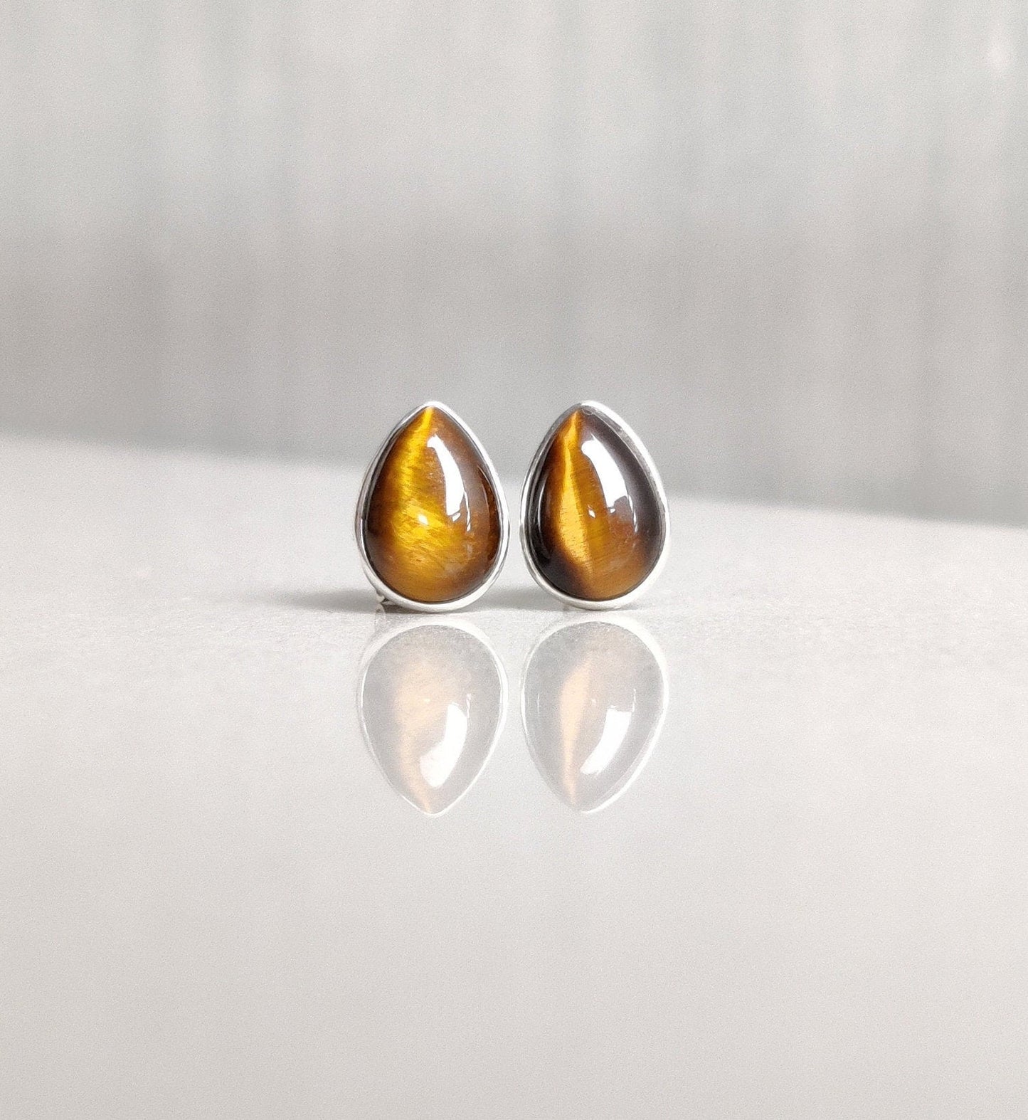 Natural Tigers Eye Stud Earrings, 925 Sterling Silver Studs, Tiny Studs for Girls & Women, Brown Stone Earrings, Small Post Earrings for Her