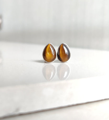 Natural Tigers Eye Stud Earrings, 925 Sterling Silver Studs, Tiny Studs for Girls & Women, Brown Stone Earrings, Small Post Earrings for Her