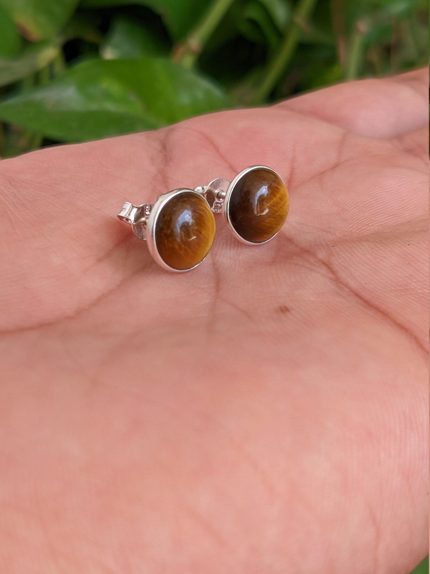 Natural Tiger Eye Stud Earrings, Round Shape Studs, 925 Sterling Silver Studs, Minimalist Studs, Genuine Gemstone Studs, Brown Stone Studs