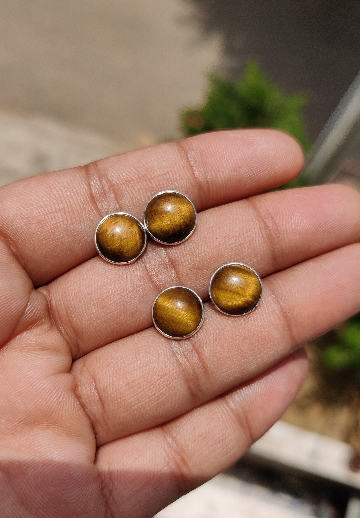 Natural Tiger Eye Stud Earrings, Round Shape Studs, 925 Sterling Silver Studs, Minimalist Studs, Genuine Gemstone Studs, Brown Stone Studs