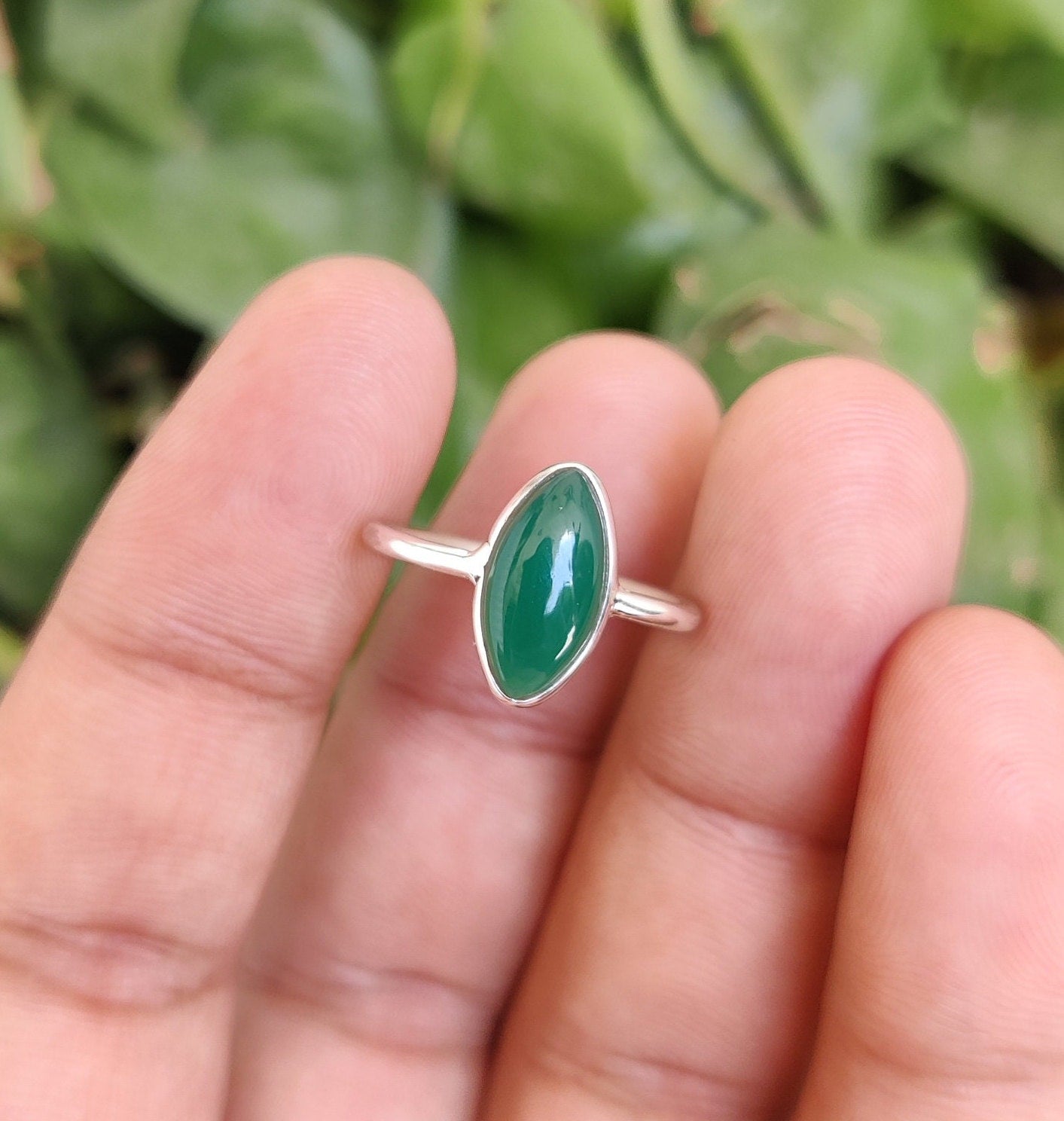 Natural Green Onyx Ring, 925 Sterling Silver Ring, Dainty Stone Ring, Green Gemstone Ring, December Birthstone Ring, Marquise Ring for Her