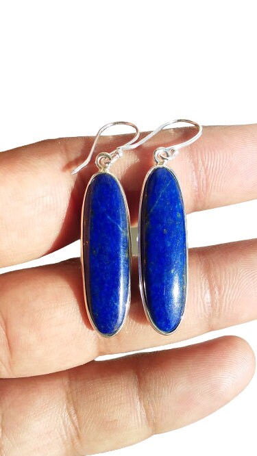 Lapis Lazuli Earrings, Dark Blue Oval Teardrop Shape Earrings, 925 Sterling Silver Jewelry, Natural Stone, Blue Gemstone, Drop Dangle