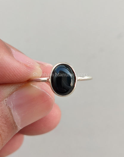 Natural Black Onyx Ring, 925 Sterling Silver Ring, Black Stone, Cabochon Gemstone Stacking Ring, Dainty Silver Ring, Women's Minimalist Ring