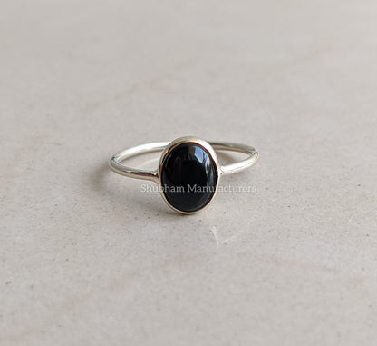 Natural Black Onyx Ring, 925 Sterling Silver Ring, Black Stone, Cabochon Gemstone Stacking Ring, Dainty Silver Ring, Women's Minimalist Ring