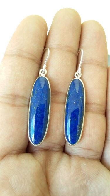 Lapis Lazuli Earrings, Dark Blue Oval Teardrop Shape Earrings, 925 Sterling Silver Jewelry, Natural Stone, Blue Gemstone, Drop Dangle