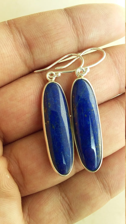 Lapis Lazuli Earrings, Dark Blue Oval Teardrop Shape Earrings, 925 Sterling Silver Jewelry, Natural Stone, Blue Gemstone, Drop Dangle