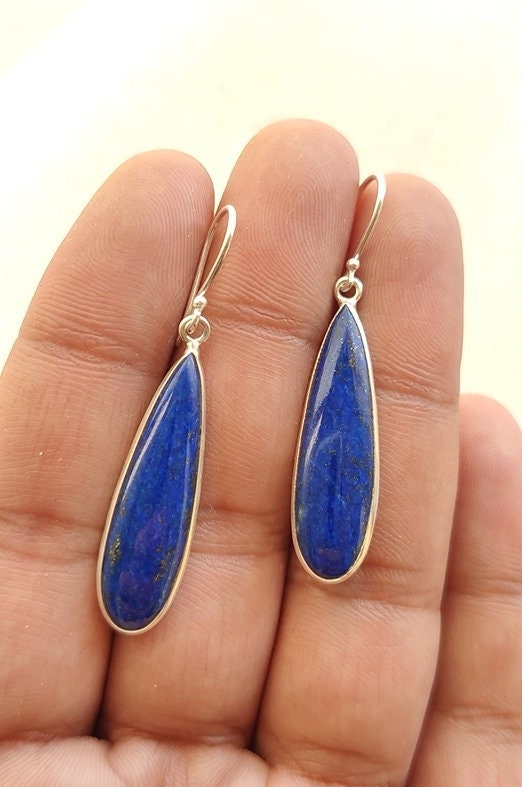 Lapis Lazuli Earrings, Dark Blue Teardrop Shape Earrings, 925 Sterling Silver Drop & Dangle Earrings, Blue Gemstone Earrings