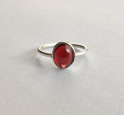 Natural Garnet Ring, 925 Sterling Silver Ring, Cabochon Gemstone Ring, January Birthstone, Red Stone Ring, Handmade Gift for Her,Simple Ring